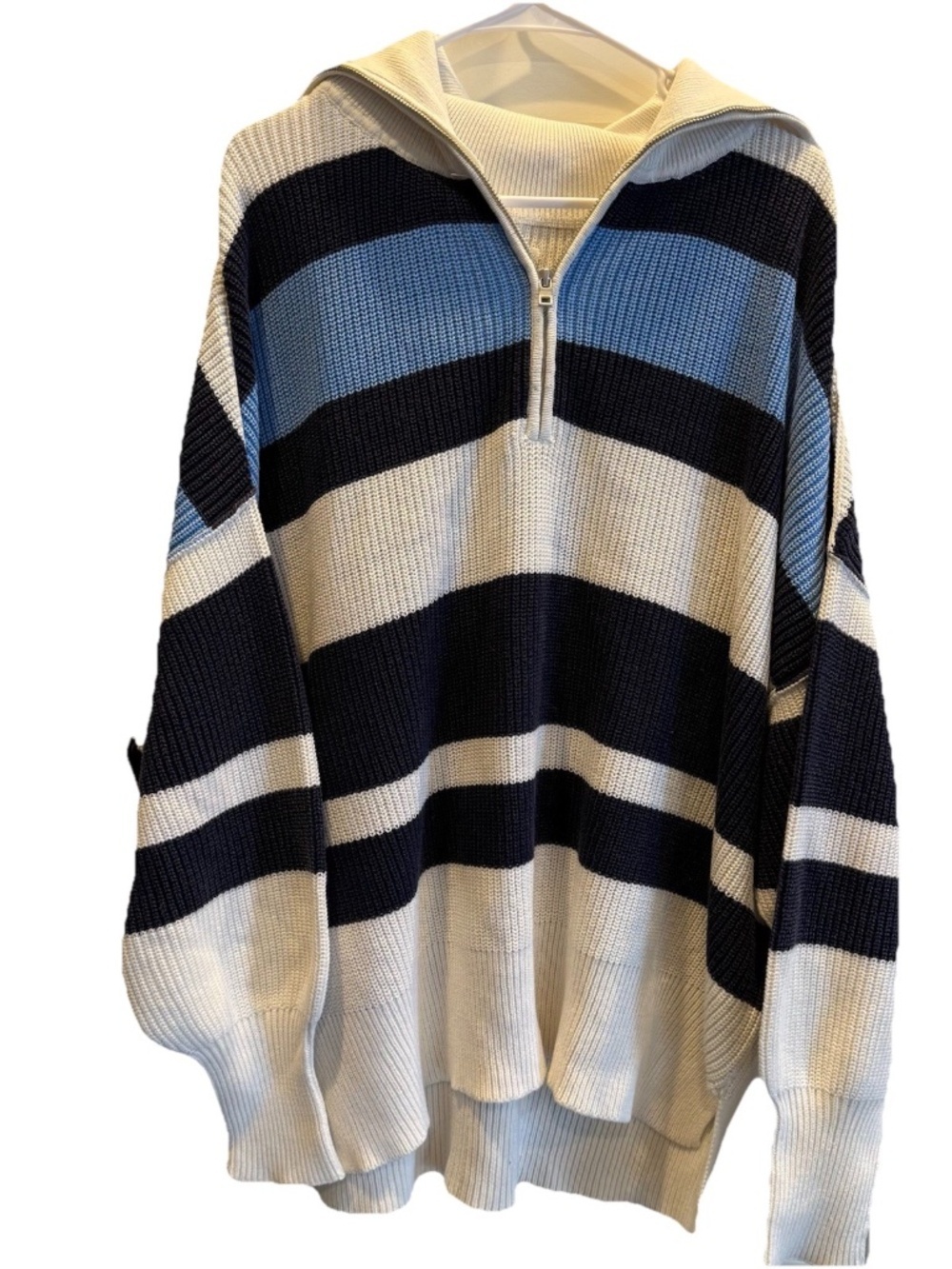Aerie Beyond Quarter Zip Sweater Blue White Striped Chunky Knit Large NWT